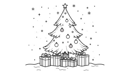 christmas tree sketch. Coloring page of a decorated Christmas tree with gifts.  black and white illustration on white background. coloring book