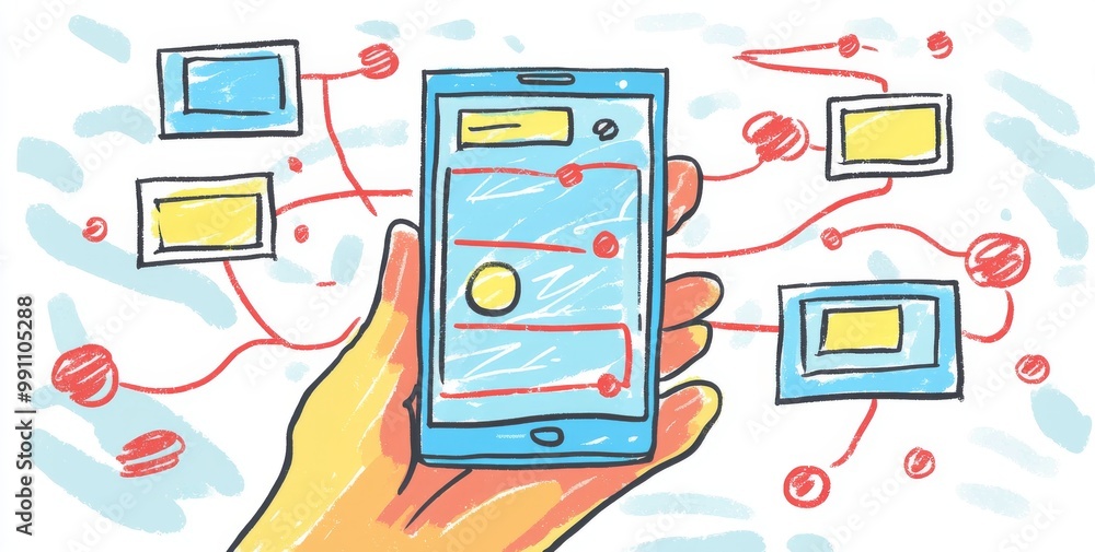 Poster male hand holding a smartphone with a wireframe user interface screen prototype of a mobile applicat