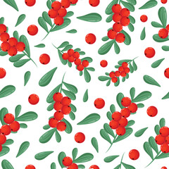 seamless festive pattern for Christmas or New Year with winter cranberry berries and green twigs arranged randomly, festive textile or packaging