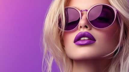 Fototapeta premium Close-up of a woman wearing purple sunglasses, with bright purple lipstick and blonde hair on a purple background.