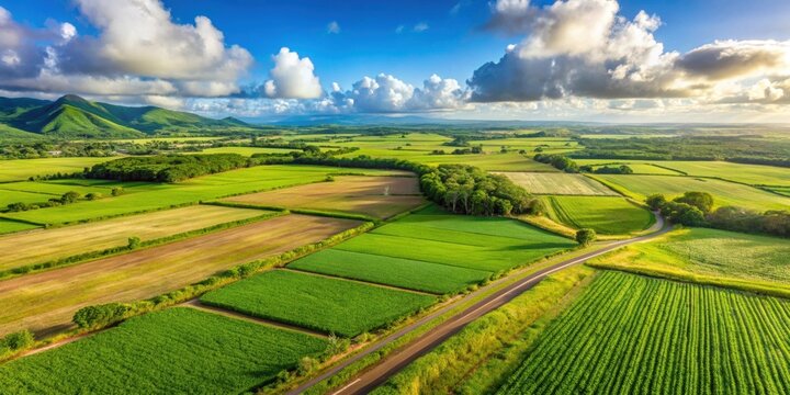 Aerial view of lush sugar cane fields in the Caribbean countryside , agriculture, plantation, Caribbean, crops, farmland