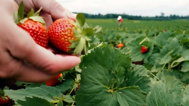 Hands carefully pick fresh, ripe strawberries from vibrant green plants in a vast agricultural field during a cloudy day. The joy of harvest is evident