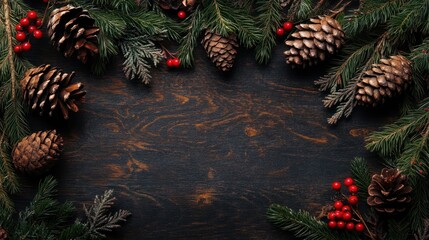 Christmas pine cones, sprigs, and berries on dark wooden background.