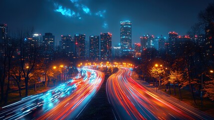Obraz premium A city night scene illuminated by dynamic light trails.