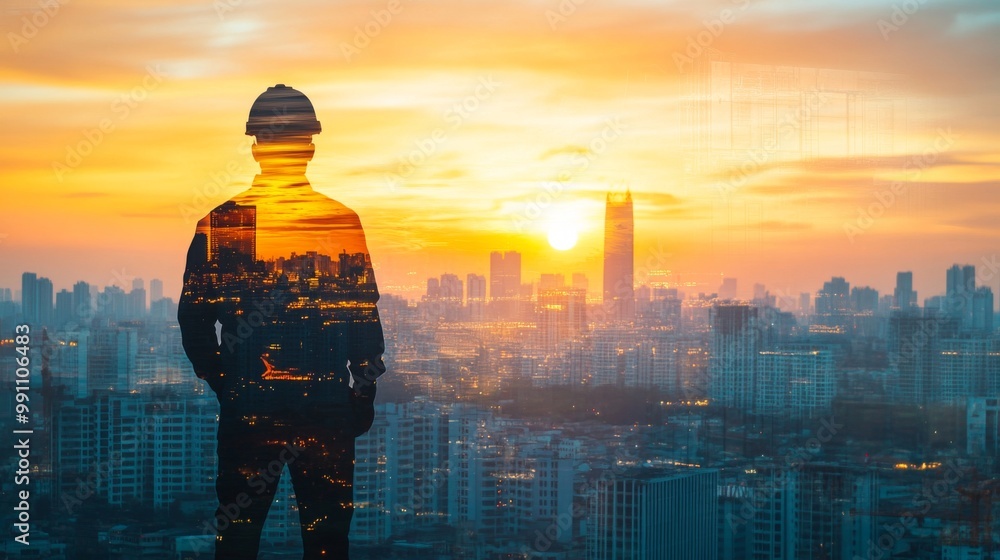 Poster the double exposure image of the engineer standing back during sunrise overlay with cityscape image.