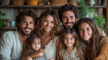 Family Portrait: A heartwarming portrait of a modern family, radiating warmth and love in a rustic setting. Their genuine smiles and close bond create a sense of togetherness and joy. 
