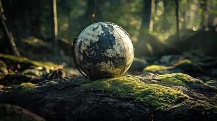 A weathered globe rests on a moss-covered log in a serene forest setting.