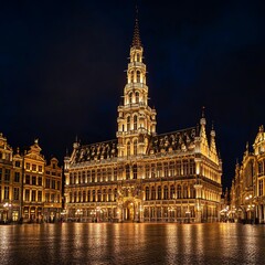 Fototapeta premium Grand Place square in Brussels with night lighting, illuminated facades, Belgium. The main attraction of Brussels at night. Brussels Town Hall, City Museum