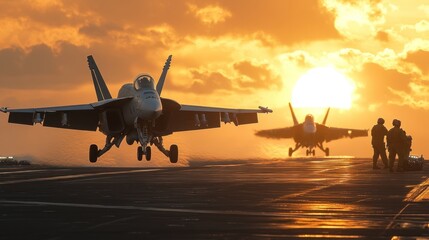 Fighter jet taking off from an aircraft carrier at sunset.
