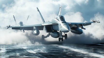 Fototapeta premium Fighter jet taking off from an aircraft carrier deck with smoke behind it.