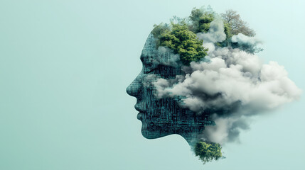 Human Face Dissolving into Data and Clouds Symbolizing the Integration of Technology and Nature
