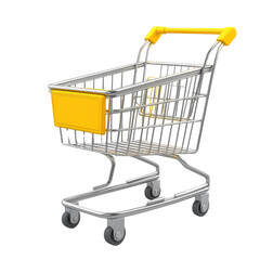 A shiny metallic shopping cart with a bright yellow handle, ideal for retail or grocery store imagery., isolated on a transparent background.