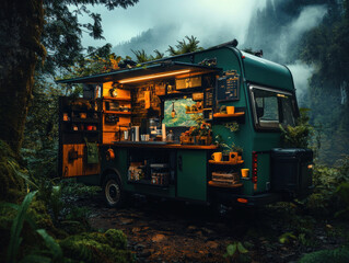 A travel-themed coffee cart operated by a barista, set up in a remote location, offering hot coffee to passing adventurers