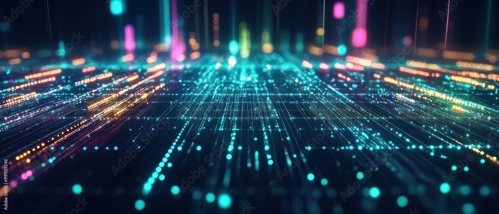 Poster abstract digital landscape with vibrant light patterns representing data flow and technology.