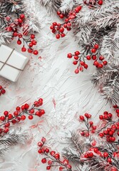 The top view of this Christmas decoration features a red ribbon, bow, twigs, red berries, and apples on snow with space for text. Top view, flat lay.