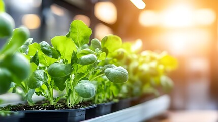 Fresh green plants in pots, glowing sunlight, indoor gardening scene.