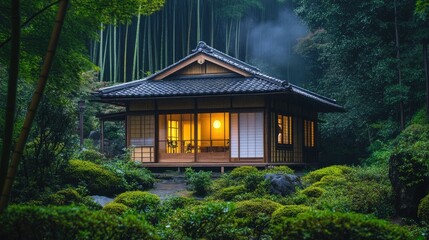 A traditional Japanese tea house in Hakone, surrounded by bamboo forests and offering panoramic views of the valley.