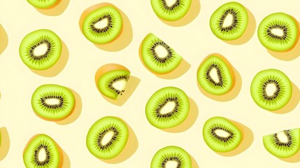 Fresh kiwi slices arranged on a light yellow background.