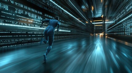 An athletic man in blue activewear runs energetically, enhanced by digital data visualizations related to various sports events in a futuristic urban environment