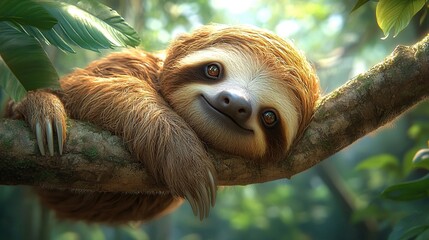 Fototapeta premium A cute sloth clings to a tree branch in a rainforest setting.