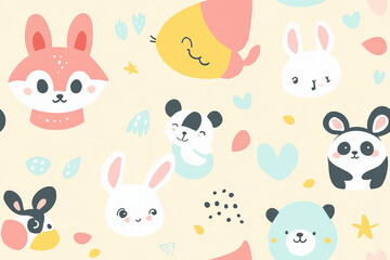 Playful seamless pattern featuring adorable cartoon foxes, pandas, and bunnies on pastel-colored backgrounds for fun textile or wallpaper designs