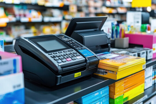Cashier operating a high-tech point-of-sale system, processing credit card payments while the receipt prints automatically at the register