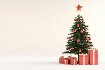 Obraz premium The falling snow and a Christmas tree with a gift box on a white background are rendered in 3D.
