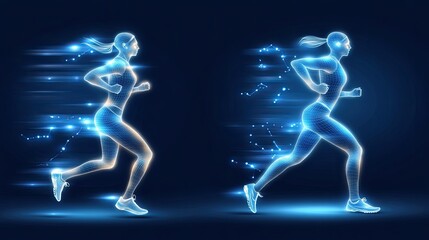 An athletic man in blue activewear runs energetically, enhanced by digital data visualizations related to various sports events in a futuristic urban environment