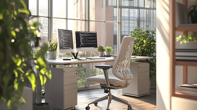 Ergonomic Office Setup: A sleek, modern workspace with adjustable standing desks, ergonomic chairs, and dual monitors, optimized for comfort and productivity, with soft natural lighting enhancing the 
