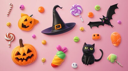 Halloween treats on pink background.  A witch's hat, candy, pumpkins, and a black cat create a fun Halloween party scene.