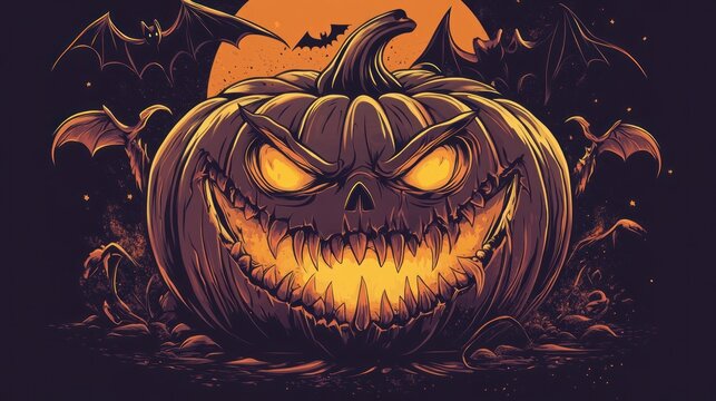 A menacing, glowing pumpkin jack-o-lantern with sharp teeth and evil eyes.  Surrounded by bats flying under a full moon, a spooky Halloween illustration.