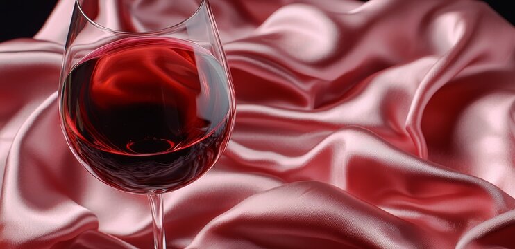 An image of a glass of red wine on red silk against a black background. Background design for a wine list.