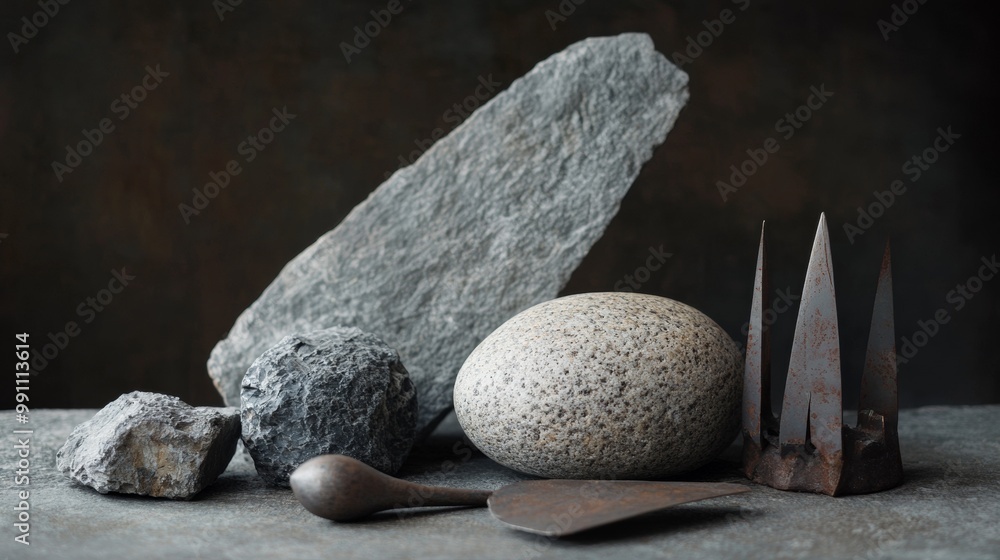 Poster a collection of rocks and a metal object on a table