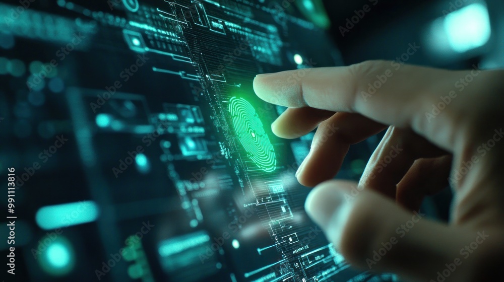 Poster a hand interacts with a digital fingerprint scanner, emphasizing biometric technology.