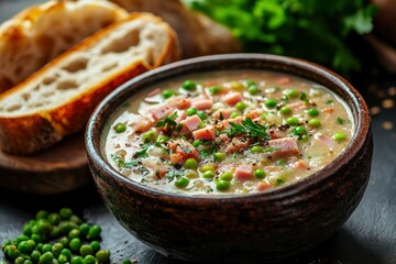 A Bowl of Creamy Pea Soup with Ham and Parsley