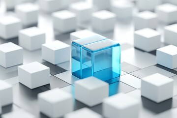 Obraz premium A blue cube in front of a wall of white cubes, a software package, a teamwork concept, or standing out from the crowd as a leader