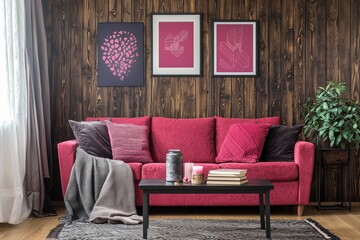 Living room design using a stylish velvet sofa, elegant pouf, coffee table, plants, pillows, decoration, mock up posters, and elegant personal accessories. Modern home decor. . Template.