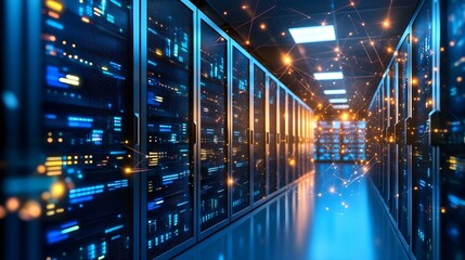 Obraz premium Futuristic data center with illuminated servers and modern technology.