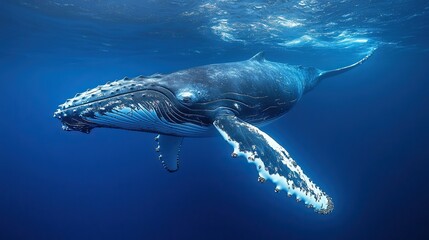 Fototapeta premium A humpback whale swims in blue ocean waters, captured in a majestic portrait.