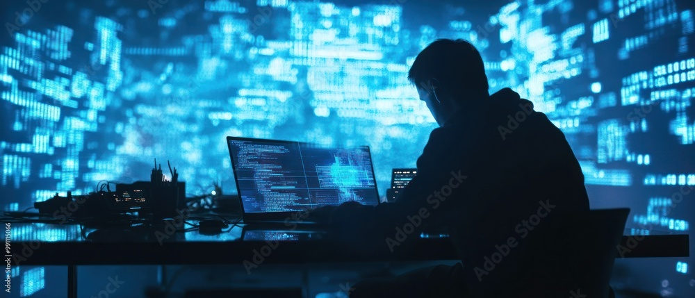 Poster a silhouette of a person working on a laptop against a digital backdrop of data and code.
