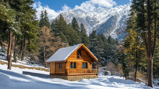 A wooden cottage in Pahalgam nestled amidst tall pine trees, with snowy mountains towering in the background.