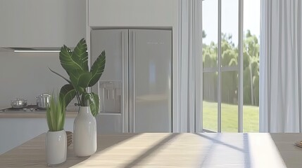 Elegant Modern Kitchen: White Simplicity Meets Stainless Steel and Green Garden Views