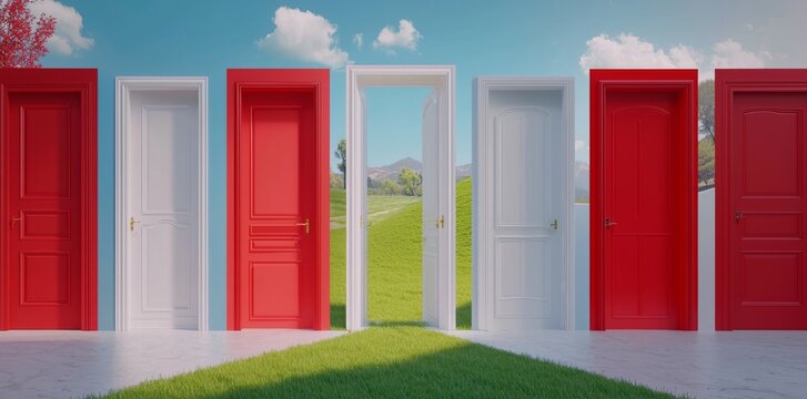 One door open in a room of closed doors. Choice concept.
