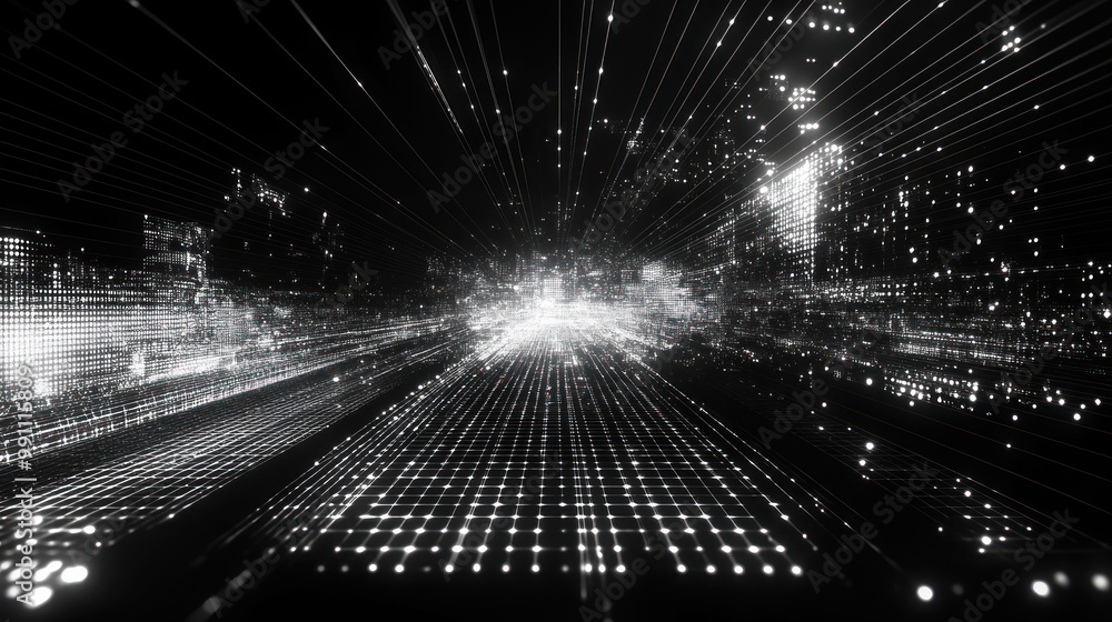 Poster a futuristic, abstract representation of light beams and data flow in a digital landscape.
