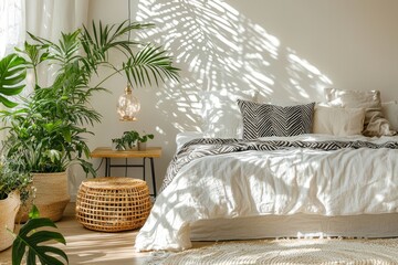 An elegant bedroom in a bohemian style with comfortable furnishings