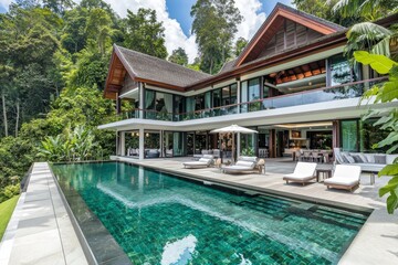 Fototapeta premium The interior design and exterior design of a luxury pool villa, house or home feature a swimming pool, sunbeds, blue beach towels, and gardens