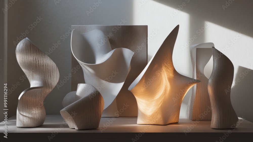Poster A collection of abstract sculptures are displayed on a shelf
