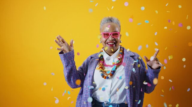 Cinematic video of a senior woman wearing fashionable clothes acting in studio on backdrops. Old woman dancing under the confetti rain.