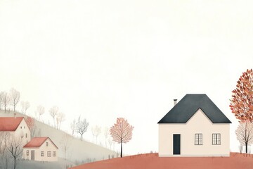 A White House with Red Roof in a Watercolor Landscape