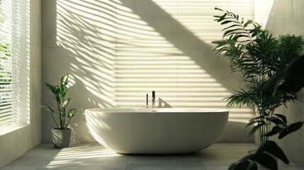 Modern bathroom with a bathtub in the sunlight.